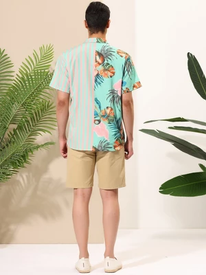 Lars Amadeus Men's Summer Button Down Hawaiian Tropical Floral Leaf Striped Patchwork Shirts - Image 4