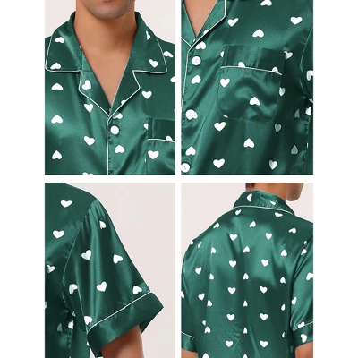 Lars Amadeus Men's Satin Pajama Set Cute Heart Print Button Down Short Sleepwear Loungewear Pjs Sets - Image 4